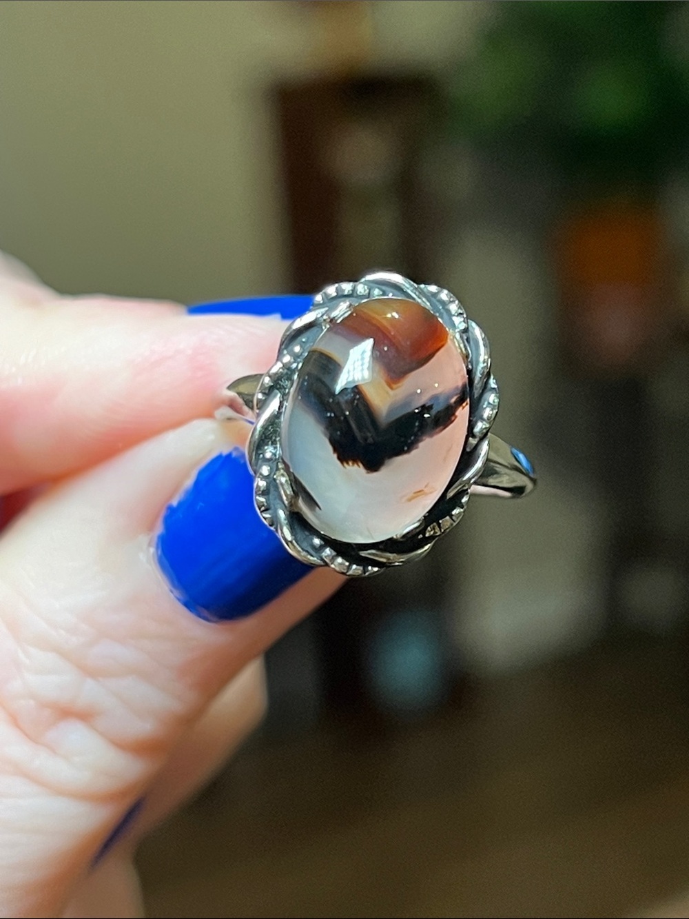 Antique Clark & Coombs Signed Banded Agate Cabochon Sterling Silver 925 Ring